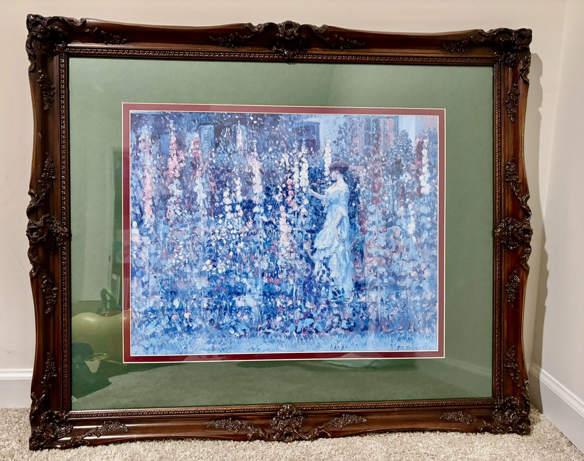 Vintage wife in garden "Hollyhocks" by American Impressionist painter Frederick Carl Fries. 30x36