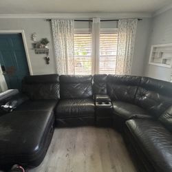 Power Reclining Leather Sectional Couch with Chaise & Console