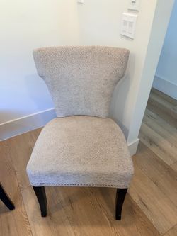 Set of 2 Upholstered Dining Chairs – Neutral Fabric with Nailhead Trim