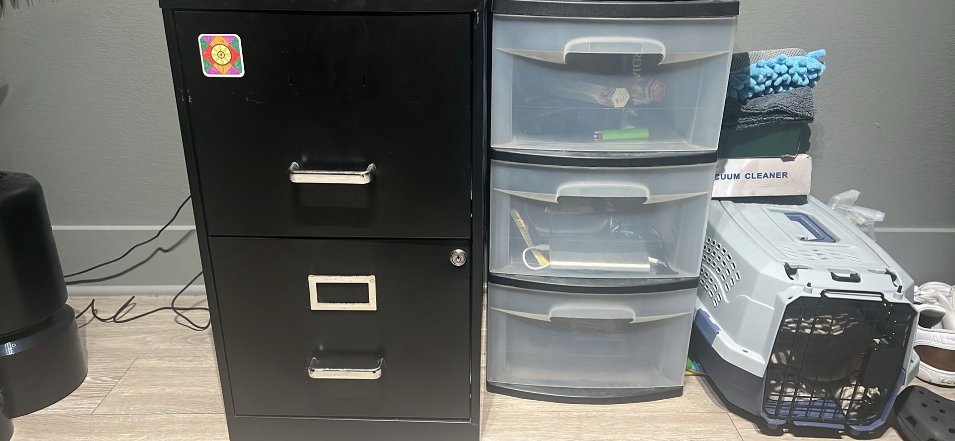 filing cabinet and plastic drawers