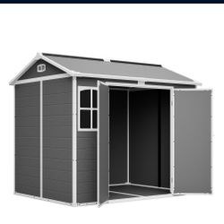 Plastic Utility Shed 8x6 ft with Floor – Lockable Storage Shed for Garden Tools & Trash Bins, All-Weather Outdoor Organizer in Gray-White