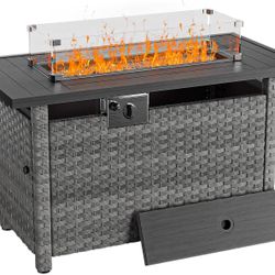 44" Fire Pit Table with Wind Guard for Outdoor, Auto-Ignition Propane Gas Firepits Rattan Rectangular Table for Outside Patio 60,000 BTU, Gray