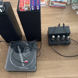 Record player, vacuum tube amplifier and two speaker set