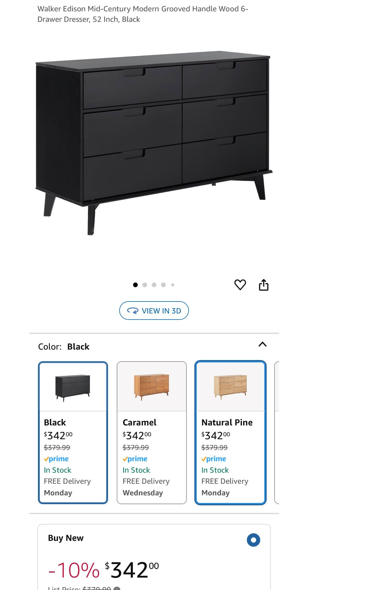 Walker Edison Mid Century Modern Grooved Handle Wood 6 Drawer Dresser, 52 Inch, Black Walker Edison Mid Century Modern Grooved Handle Wood 6 Drawer Dresser, 52 Inch, Black