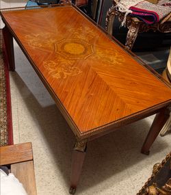 Antique 1930s  French Louis XVI Revival Inlaid Walnut Coffee Table.
