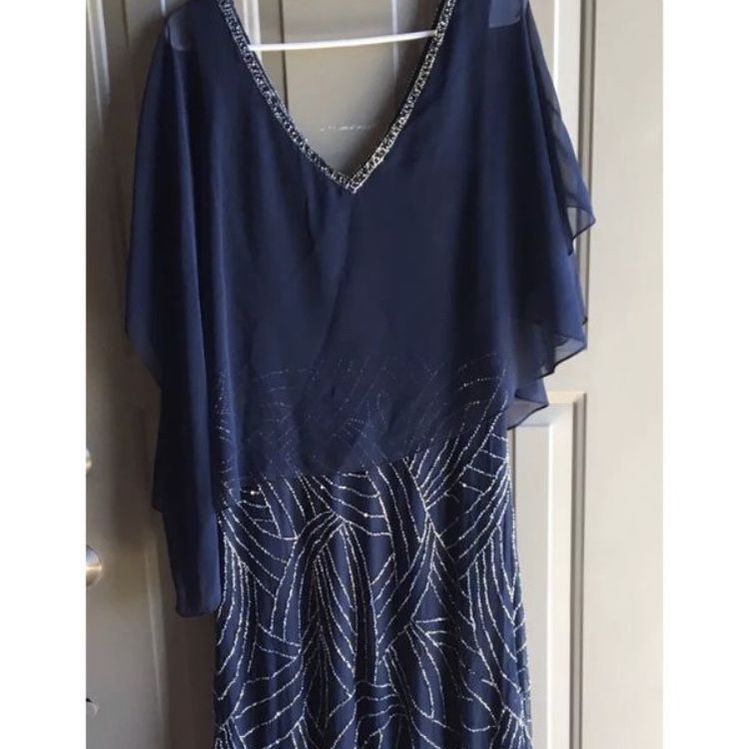 J Kara Dress Beaded Short Sleeve Color Navy Blue Size 12
