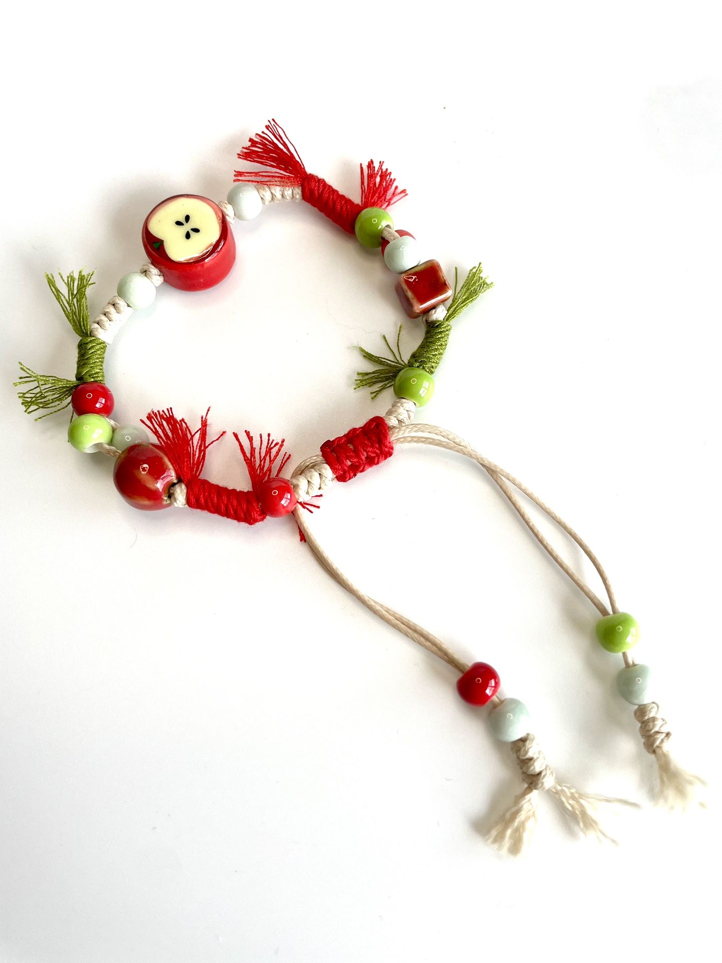 Apple Fringe Bracelet red green macrame fun boho ceramic beads adjustable