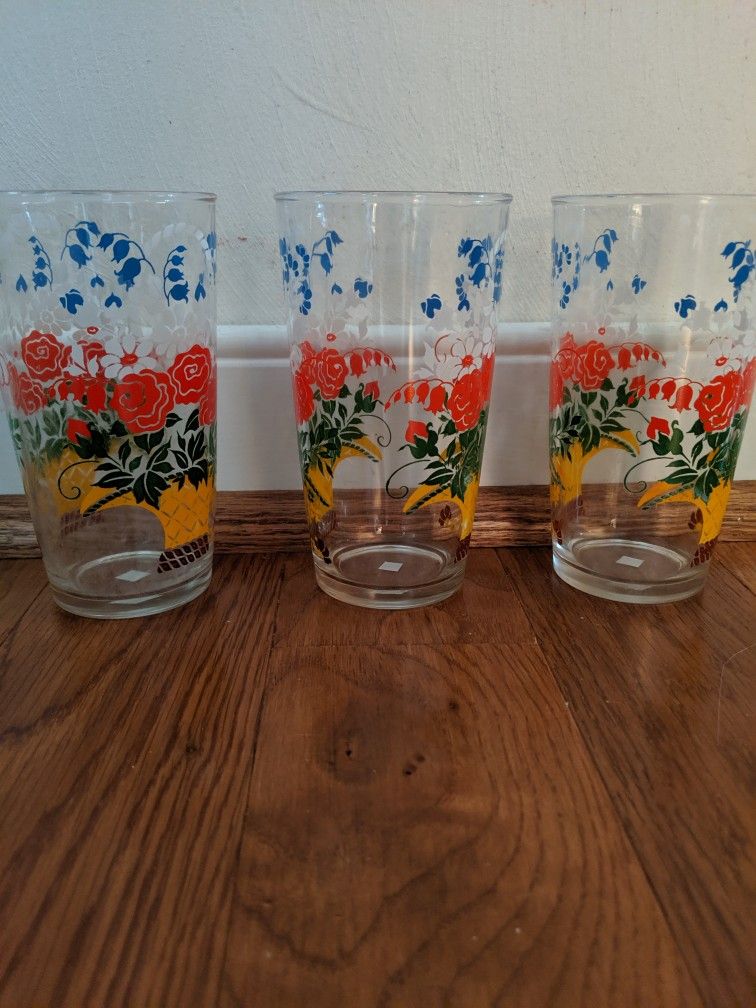 Three Vintage Colorful Drinking Glasses