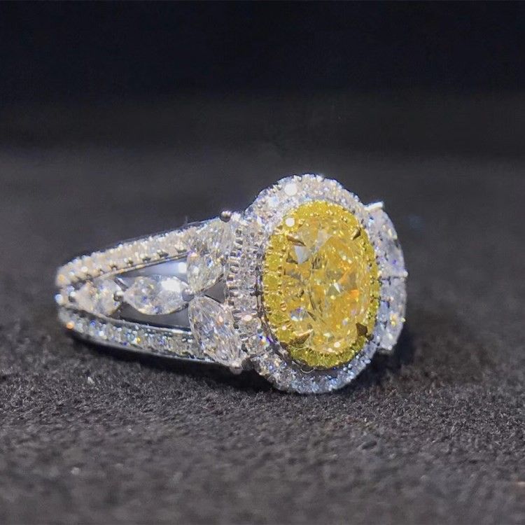 "Noble Hollow Beautiful Oval Crystal Royal Yellow CZ Silver Ring for Women, L073