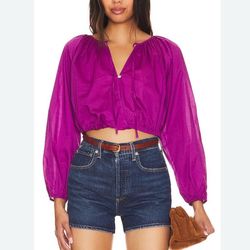 Rails Katia Top Size XS Women In Berry Preppy Blouson Sleeves Cotton Tie Neck