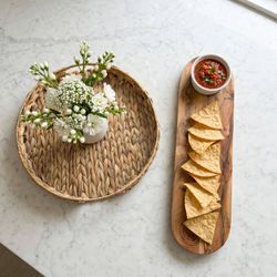 Serving Tray Bundle — 16" Round Water Hyacinth Decor Tray + 20" Acacia Wood Charcuterie Board