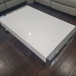 White Glossy Coffee Table With Stainless Steel Legs