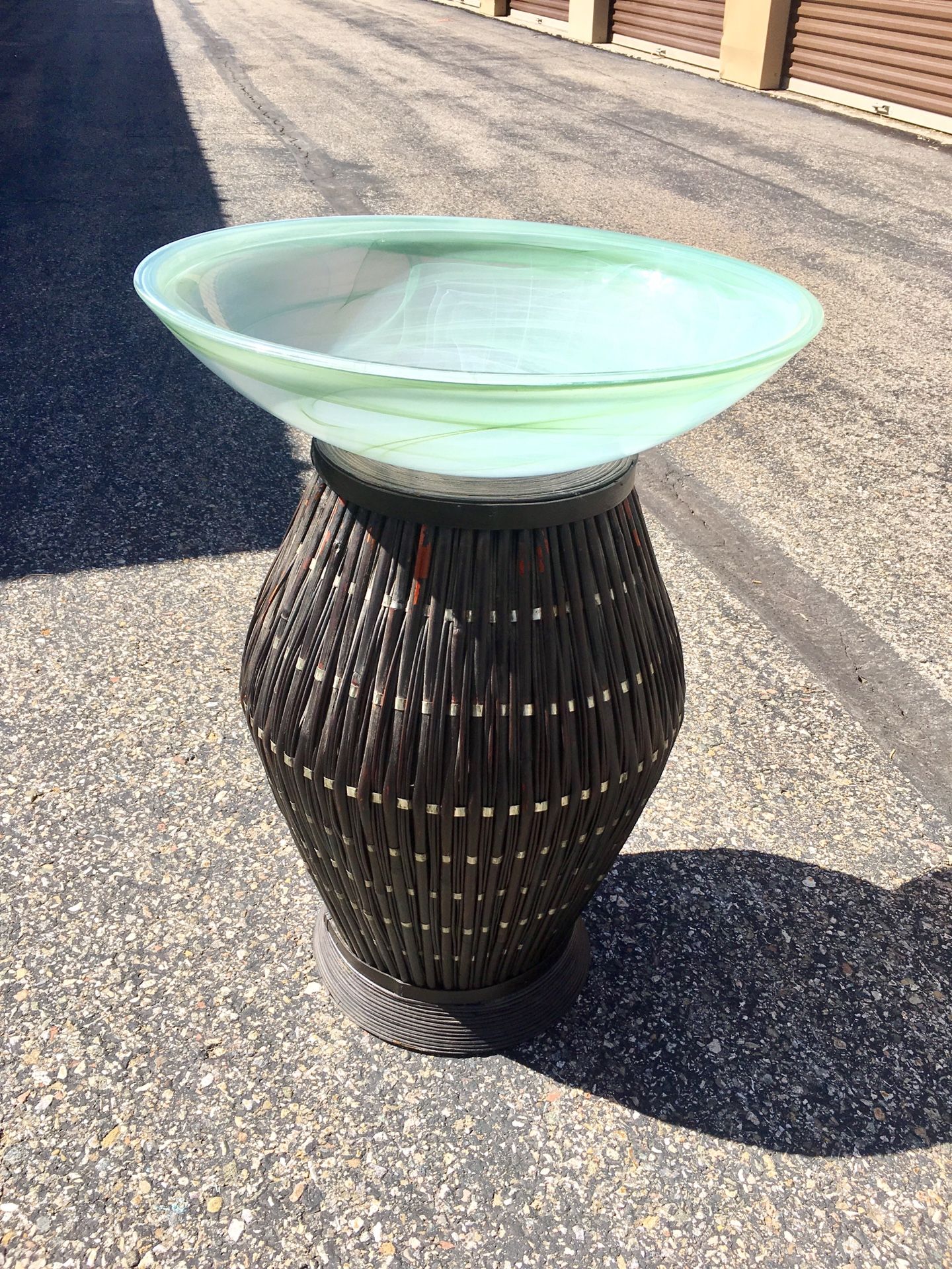 Bird Bath tall with green Swirls of glass bowl and wicker large brown stand! Simple......