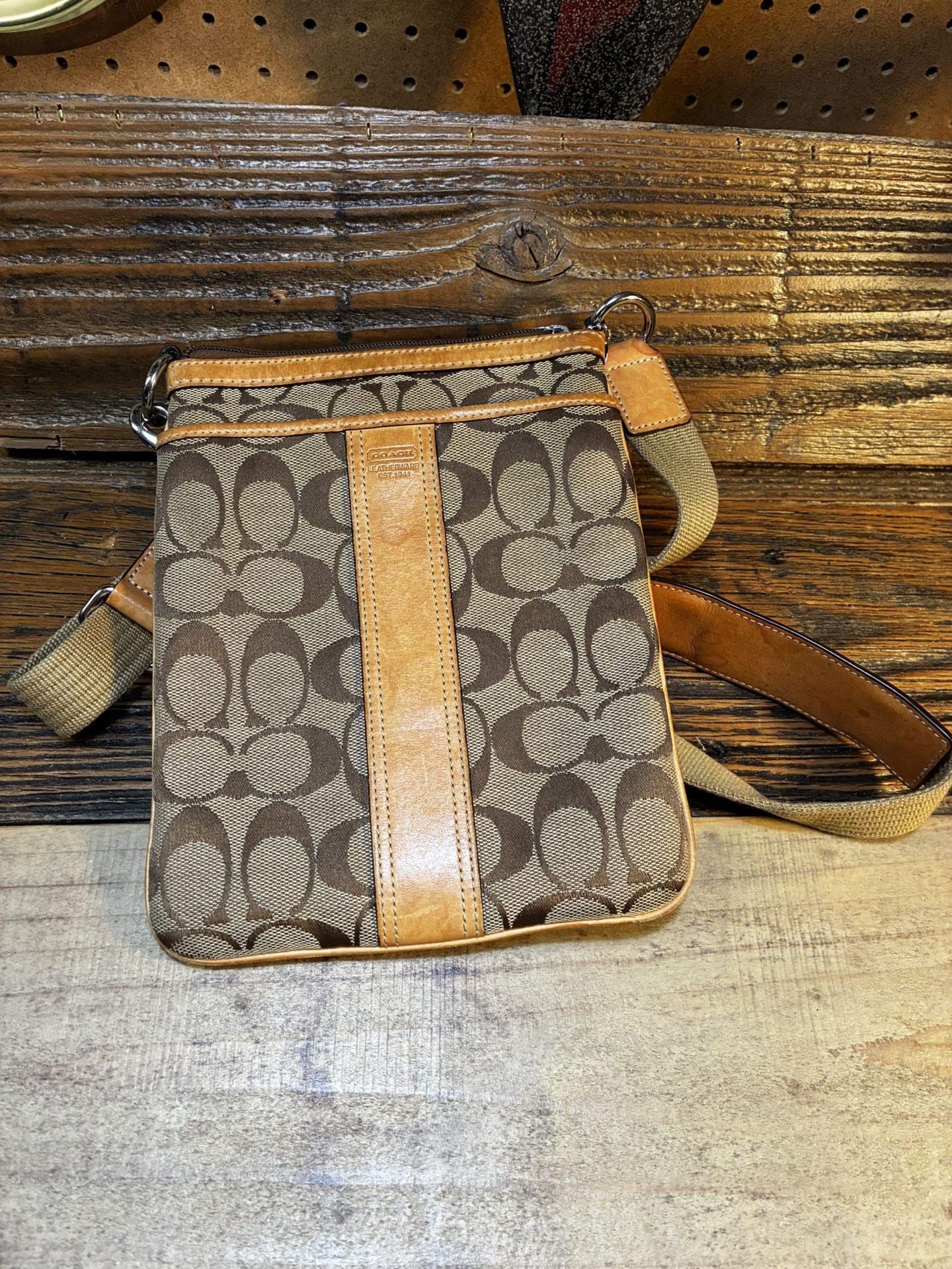 Coach Brown and Tan Crossbody Bag with Signature Monogram