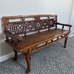 Asian Carved Bench with Wicker