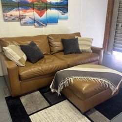 Pottery Barn Signature Maple Leather 82” Sleeper sofa w/ Signature Ottoman Set