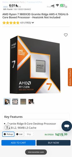 *NEW* AMD Ryzen 7 9800X3D Granite Ridge AM5 4.70GHz 8-Core Boxed Processor - Heatsink Not Included