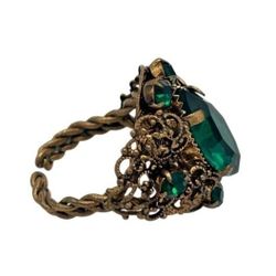 VINTAGE VICTORIAN MID CENTURY ART DECO BRAIDED BRASS EMERALD GREEN STONE MARQUIS WEST GERMANY ADJUSTABLE RING