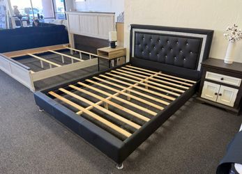 Black Queen Size Platform Bed Frame With Crystals
