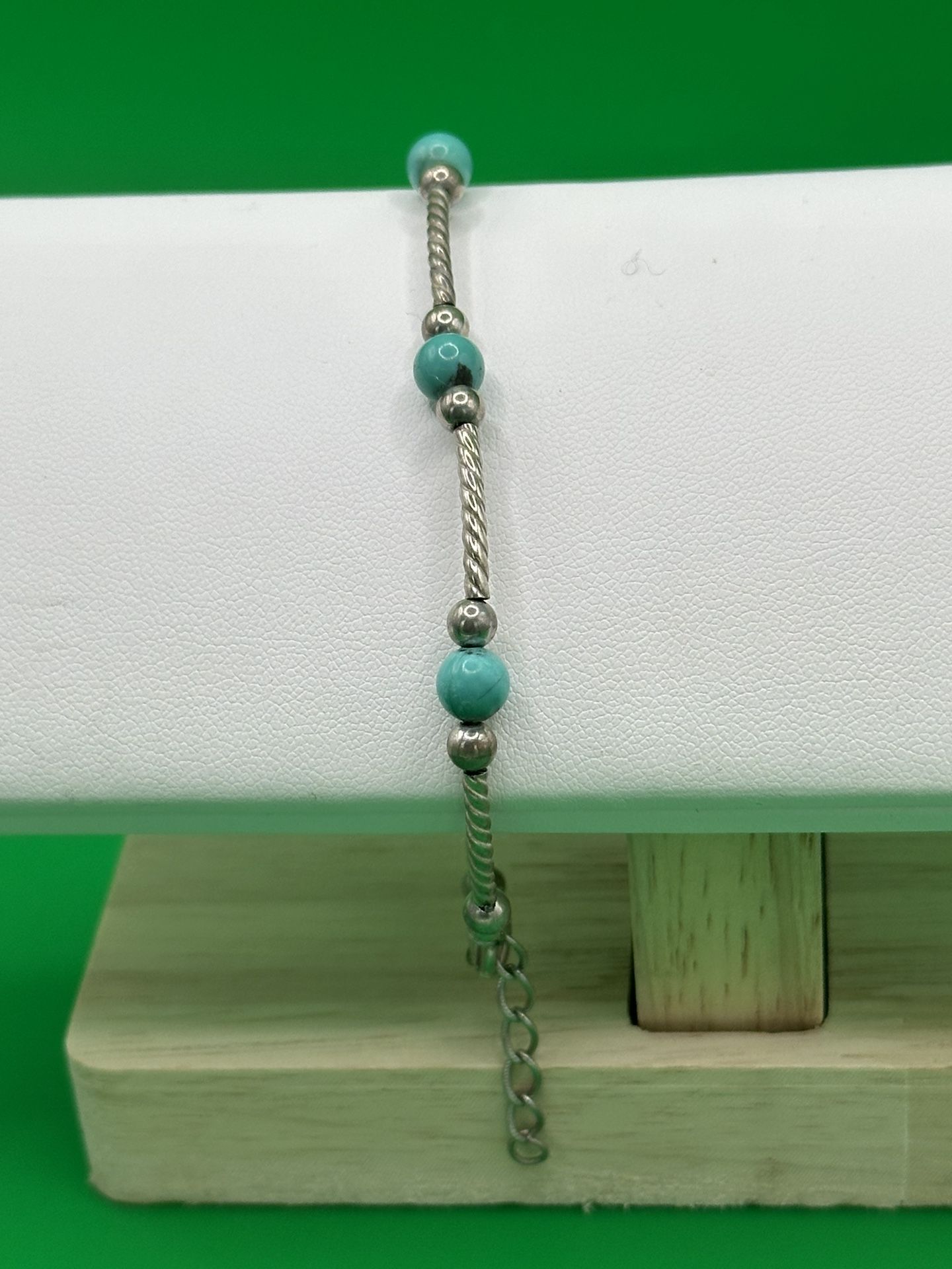 Vintage 925 Silver Bracelet With Silver & Turquoise Beads 6 3/4” With 1” Extension Good Condition 4.51 Grams 