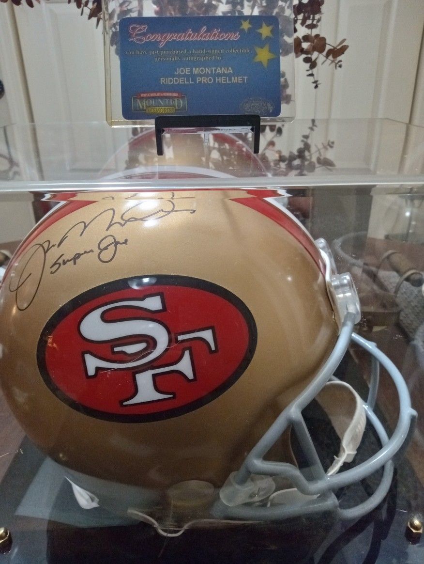 One Of One Joe Montana Signed Riddle Helmet In Display Case For Certificate Of Authenticity Inscribed Super Joe