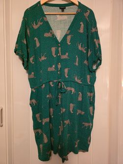 torrid Teal Green Animal-Print Short-Sleeve Rompertorrid Teal Green Animal-Print Short-Sleeve Romper