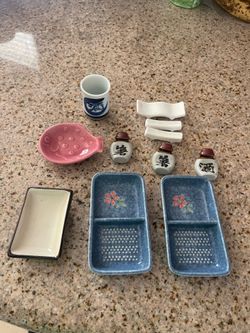 Japanese Ceramic Dishware Set, sauces plate, chopsticks holder and sake cups