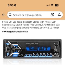Single DIN Car Radio Bluetooth Stereo with 7-Color LED Backlight, EQ Sound, Hands-Free Calling, AM/FM Radio, Dual USB (Fast Charging & Music Playback)