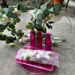 Pink Decor: Centerpiece with Lights, 3 Glass Jars, Flowers