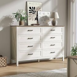1576b  Farmhouse 8 Drawers Dresser for Bedroom, 55 Inch Wood Rustic Wide Chest with Natural Texture, Large Dressers for Bedroom, Hallway, Entryway, An
