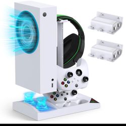 Charger Stand Cooling Fan for Xbox Series S Console/Controller,Dual Cooler System Charging Dock Accessories with 2*Rechargeable Battery,Earphone Mount