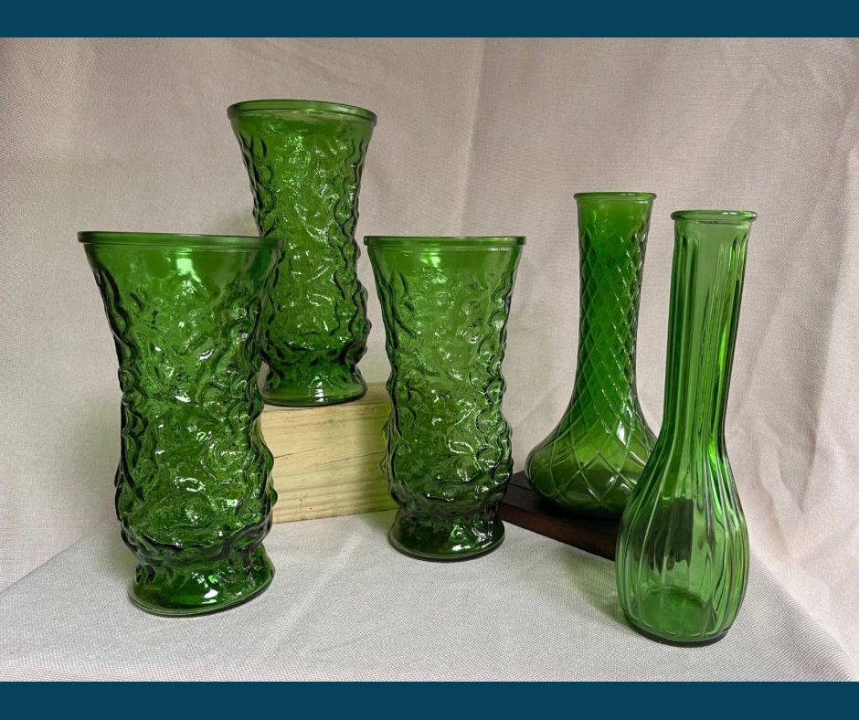Antique Hoosier Emerald Green Glass Vase Set (5 Pieces)