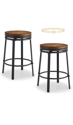 OUllUO Bar Stools, Swivel Bar Stools Set of 2, Round Counter Height Stools, 24 Inch Counter Stools, Matt black Brown