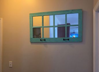 Rustic Farmhouse Window Pane Wall Mirror Distressed Turquoise Teal 39” x 22”
