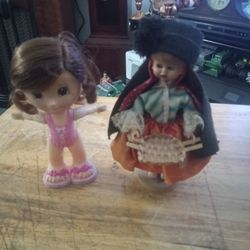 Two Vintage Dolls, 7.5" Tall.