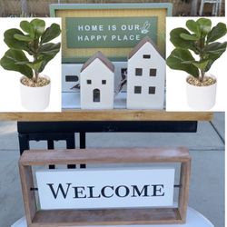 Farmhouse Tabletop Home Decor Houses Signs & Plants Bundle Of 6 