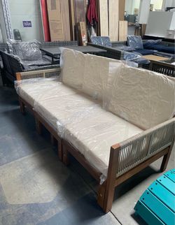 Assembled New Outdoor Daybed, Acacia Wood 3-Seat Patio Sofa Bed with Waterproof Cushions