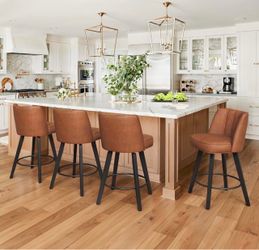 26 in. High Back Brown Faux Leather Solid Wood Frame Swivel Bar Stool Modern Counter Height Stool (Set of 4)