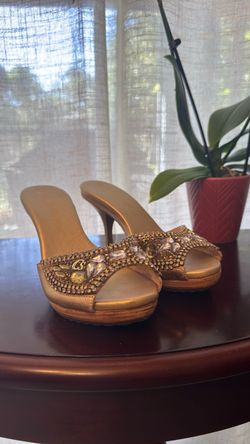 Gold Embellished Kitten Heel Mule Sandals