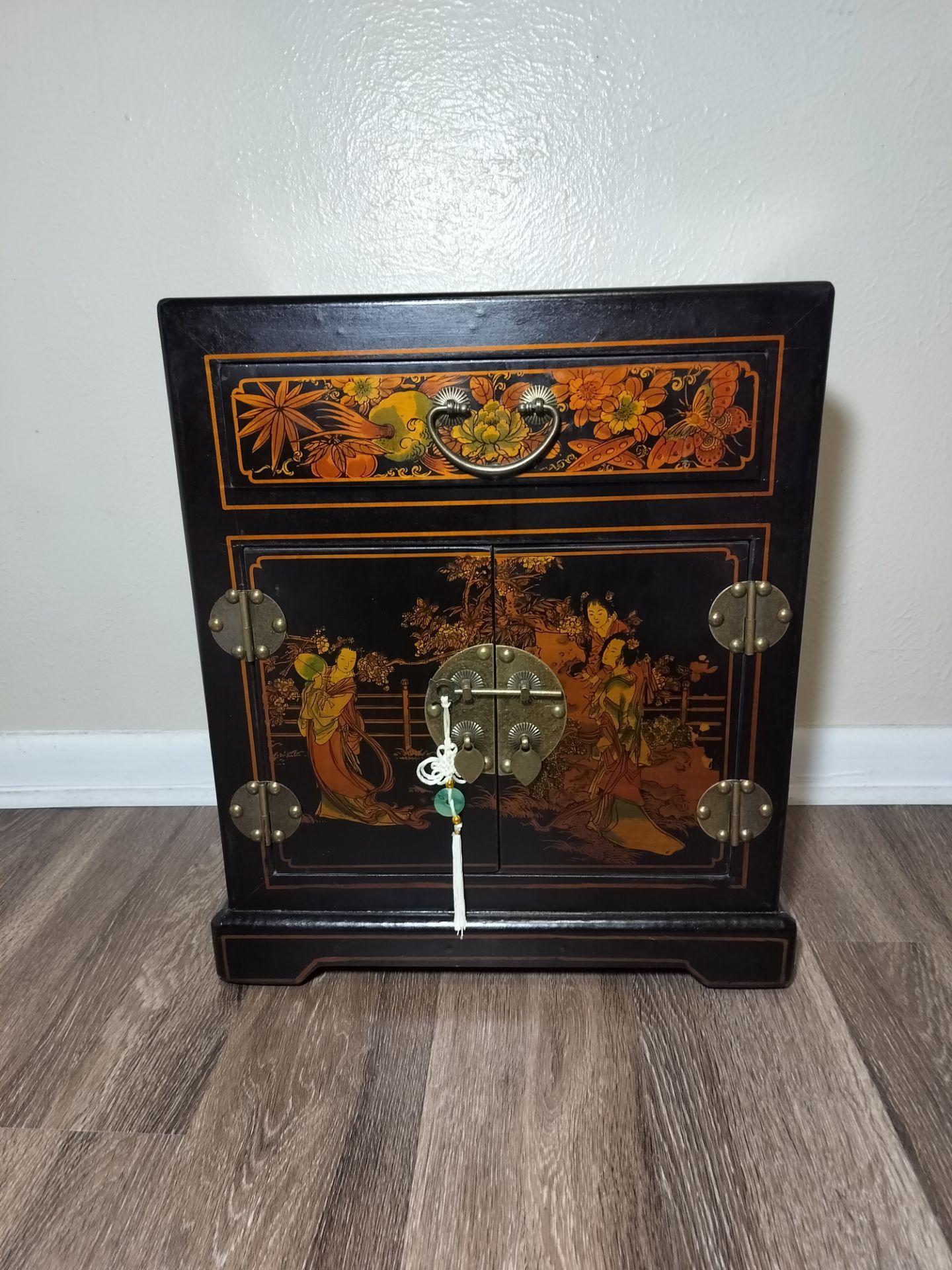 Asian Chinoiserie Style Accent Cabinet with Brass Hardware - Black Lacquer Side Table