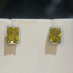 White Gold Radiant Cut Fancy Yellow Diamond Earrings 