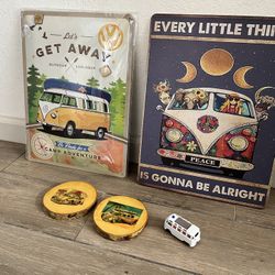 VW Collection, Metal Plaques, Knotty Pine coasters And 1965 Collectible Bus