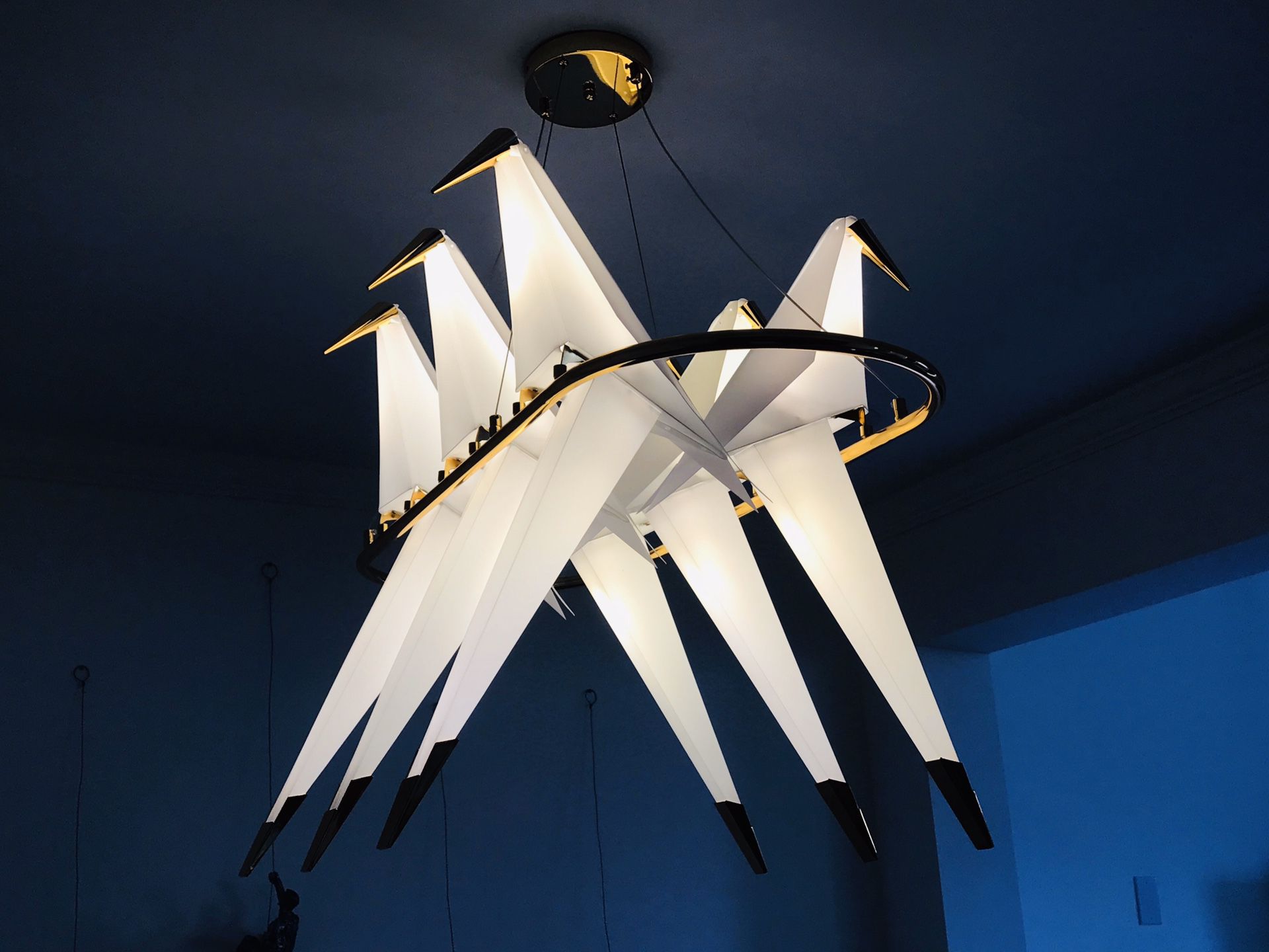 Origami Chandelier, Master Piece. Nordic bird six light ,Made high translucent organic PP material