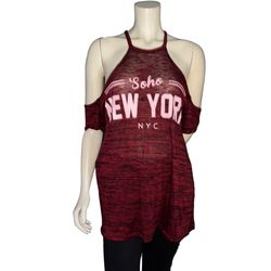 Women’s Cold Shoulder Vest Graphic SOHO NEW YORK  Top Short Sleeve Burgundy Top Size M 