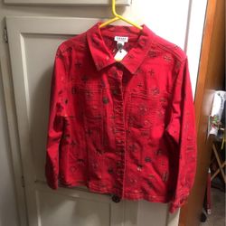 Women Red Embroidered Jean Jacket XL