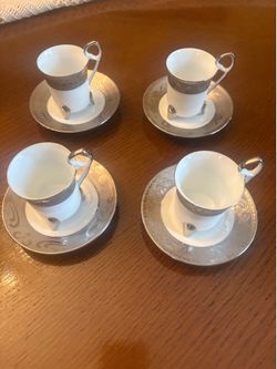 Set of 4 Footed Espresso Cups and Saucers with Silver Trim