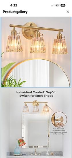 3-Light Bathroom Vanity Light, Brushed Brass Gold Vintage Wall Sconce with Independent Toggle Switch, Amber Ribbed Glass Light Fixture for Mirror, Bed