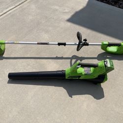 Greenworks DigiPro Series 40V Edger / Trimmer And Another Regular Trimmer And Blower With Battery Charger 