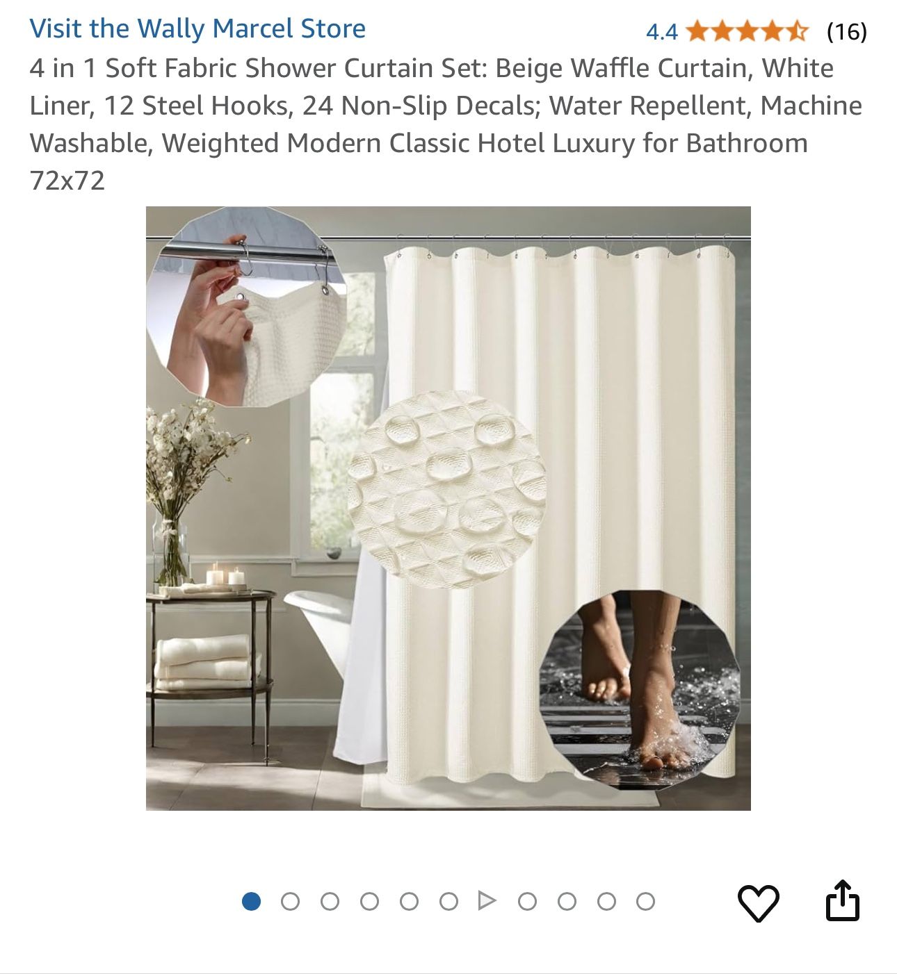 4 in 1 Soft Fabric Shower Curtain Set: Beige Waffle Curtain, White Liner, 12 Steel Hooks, 24 Non-Slip Decals; Water Repellent, Machine Washable, Weigh