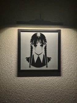 Wednesday Addams Frosted Glass Painted Mirror – Handmade Black Framed Wall Art
